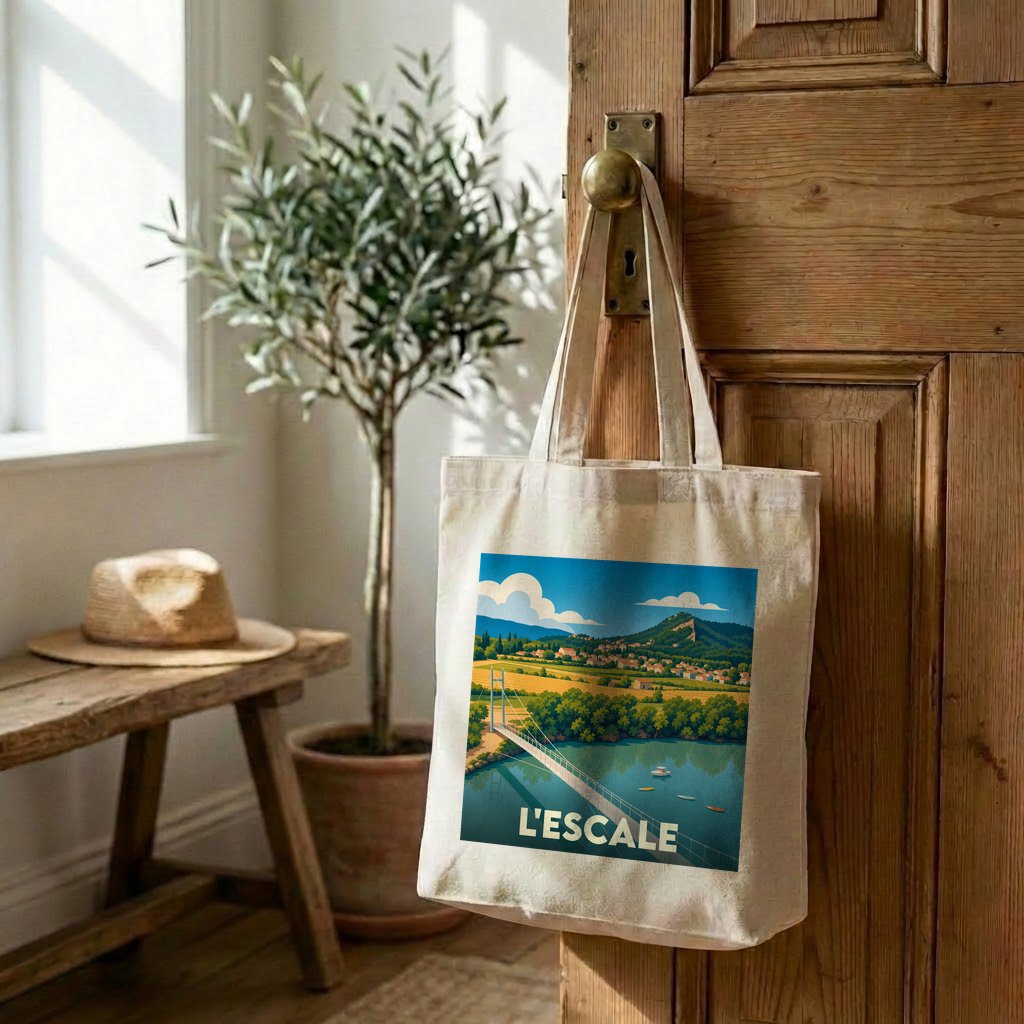 Tote bag souvenir de la ville de L'Escale avec une illustration stylisée.