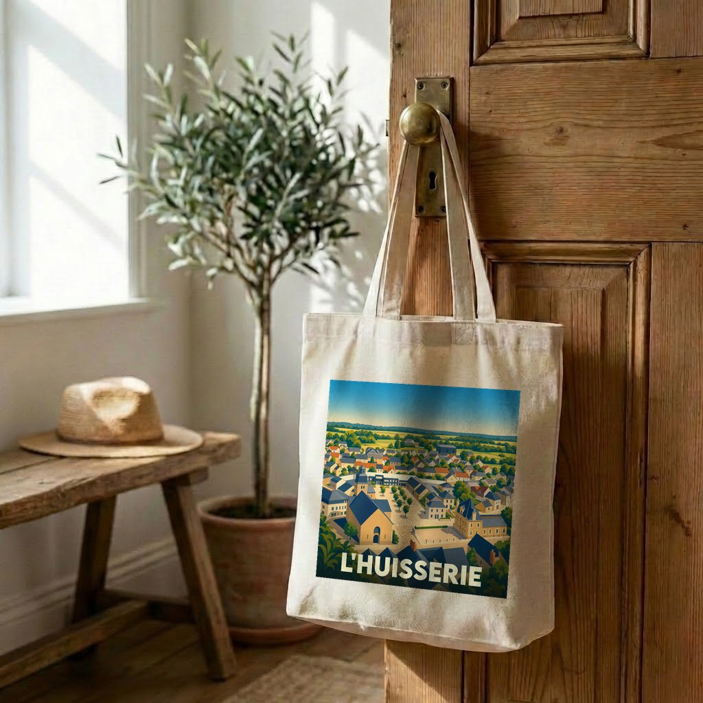Tote bag souvenir de la ville de L'Huisserie avec une illustration stylisée.