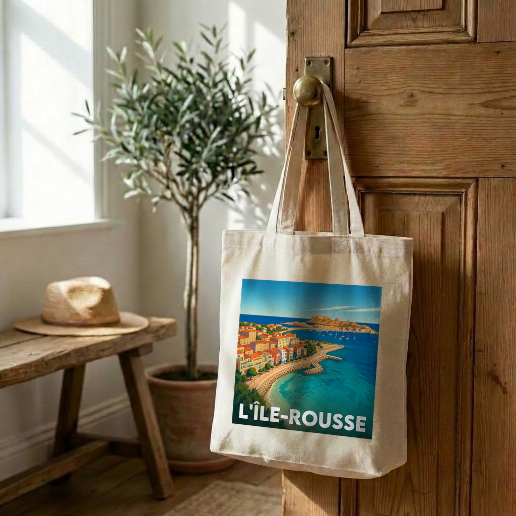 Tote bag souvenir de la ville de L'Île-Rousse avec une illustration stylisée.