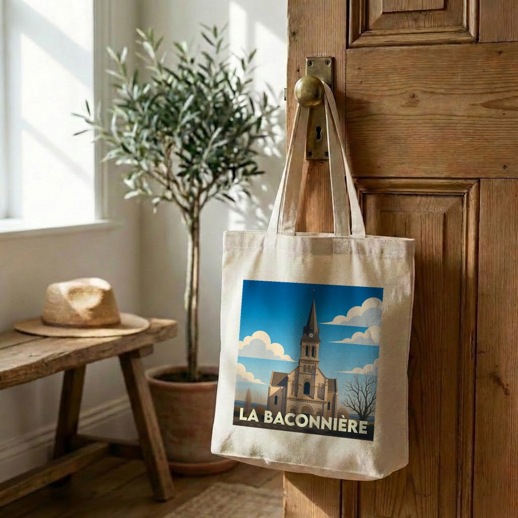 Tote bag souvenir de la ville de La Baconnière avec une illustration stylisée de son église.
