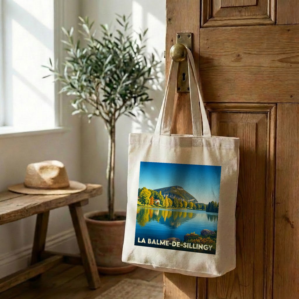 Tote bag souvenir de la ville de La Balme-de-Sillingy avec une illustration stylisée d'un lac de montagne.