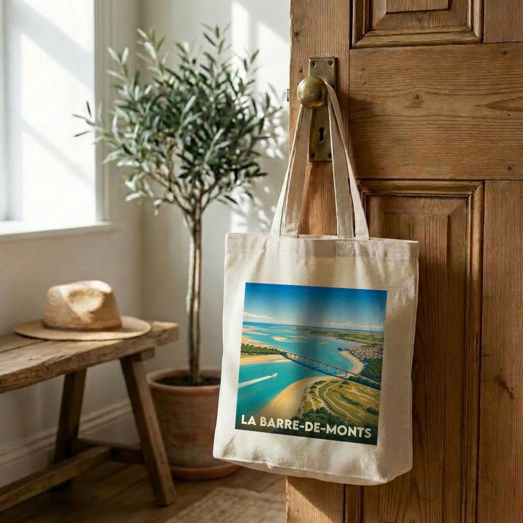 Tote bag souvenir de La Barre-de-Monts illustré d'une vue aérienne stylisée du littoral.