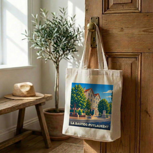 Tote bag souvenir de la ville de La Bastide-Puylaurent avec une illustration colorée et stylisée.