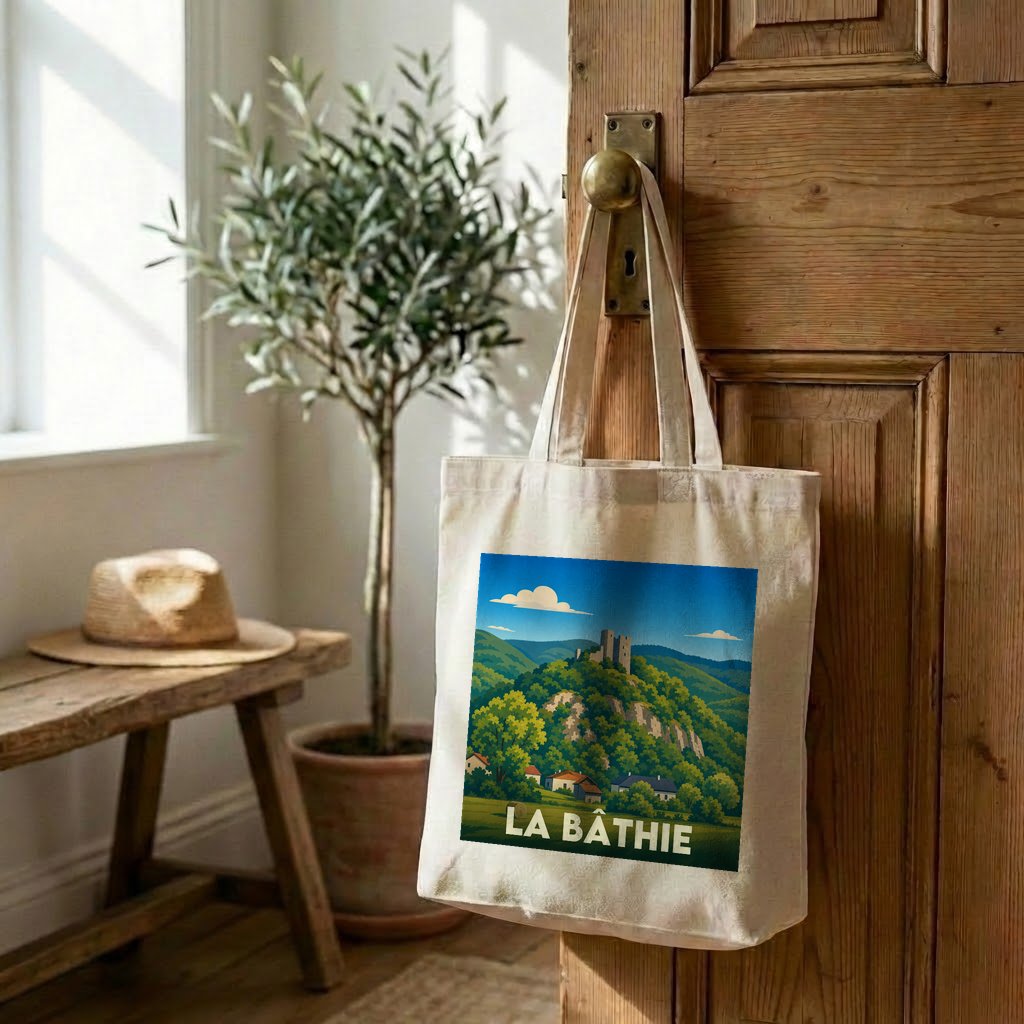 Tote bag souvenir de la ville de La Bâthie avec une illustration de paysage stylisée.