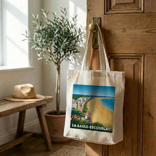 Tote bag souvenir de la ville de La Baule-Escoublac avec une illustration stylisée.