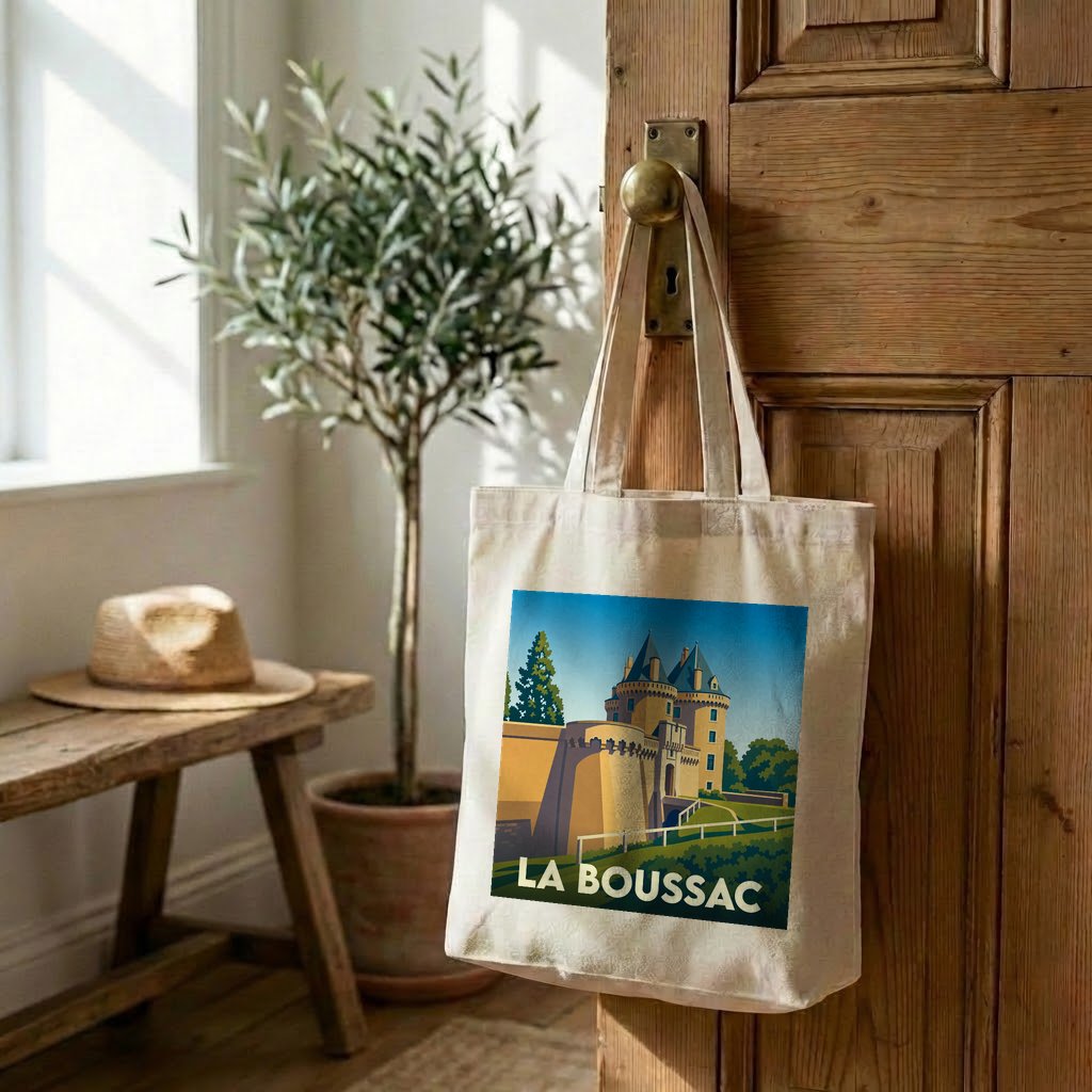 Tote bag souvenir de la ville de La Boussac avec une illustration stylisée de son château.