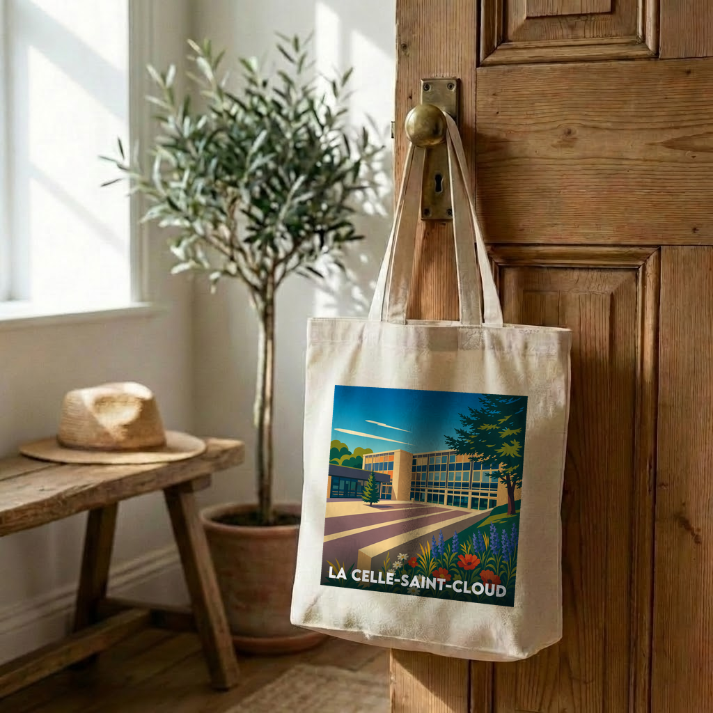 Tote bag souvenir de la ville de La Celle-Saint-Cloud avec une illustration stylisée.