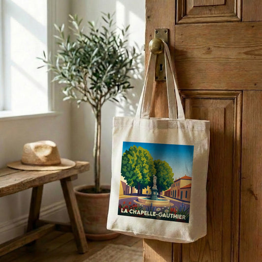 Tote bag souvenir de la ville de La Chapelle-Gauthier avec une illustration stylisée.