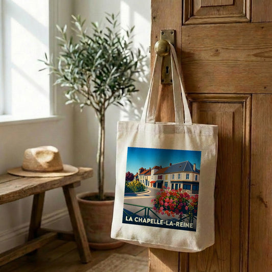Tote bag souvenir de la ville de La Chapelle-la-Reine avec une illustration stylisée.