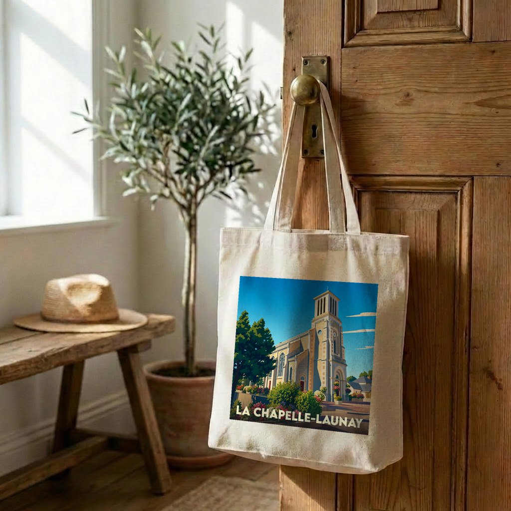 Tote bag souvenir de la ville de La Chapelle-Launay avec une illustration stylisée.