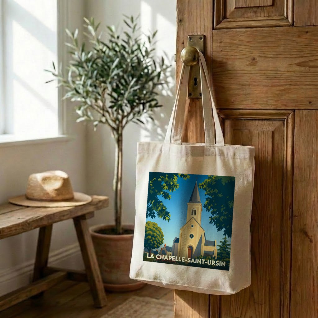 Tote bag souvenir de la ville de La Chapelle-Saint-Ursin avec une illustration stylisée de son église.