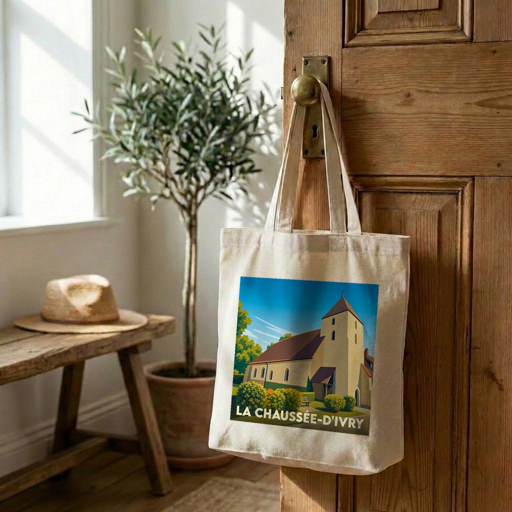 Sac cabas en toile souvenir de la ville de La Chaussée-d'Ivry avec une illustration stylisée de son église.