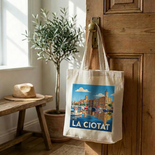 Tote bag souvenir de la ville de La Ciotat avec une illustration stylisée du port.