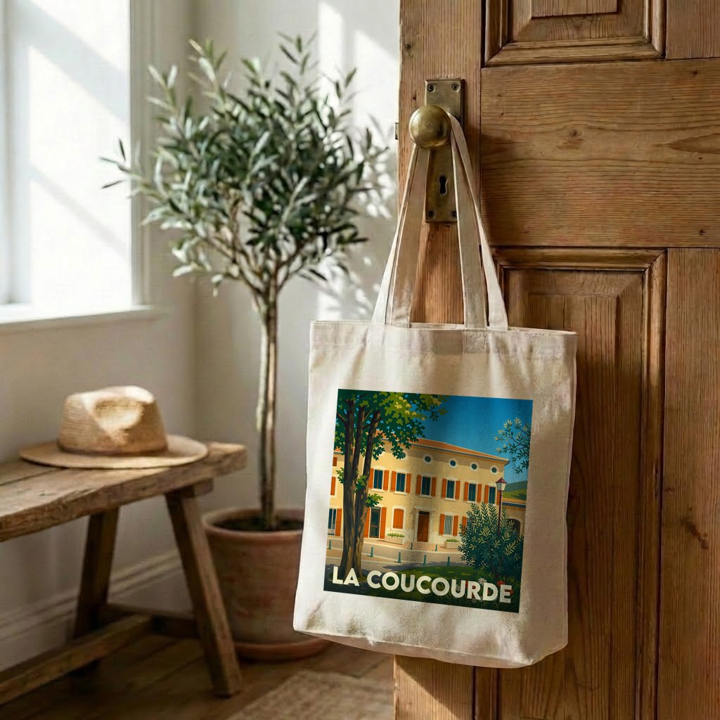 Tote bag souvenir de la ville de La Coucourde avec une illustration stylisée.