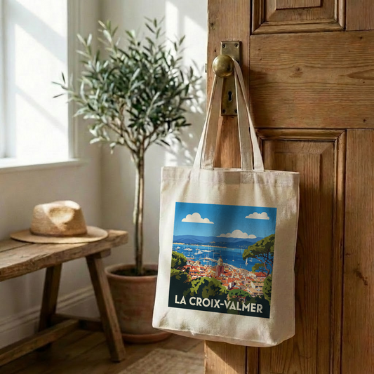 Tote bag souvenir de la ville de La Croix-Valmer avec une illustration stylisée.