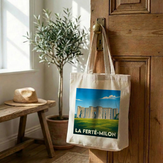 Tote bag souvenir de la ville de La Ferté-Milon avec une illustration stylisée du château.