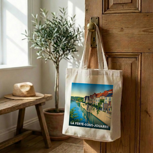 Tote bag souvenir de la ville de La Ferté-sous-Jouarre avec une illustration colorée de ses quais.
