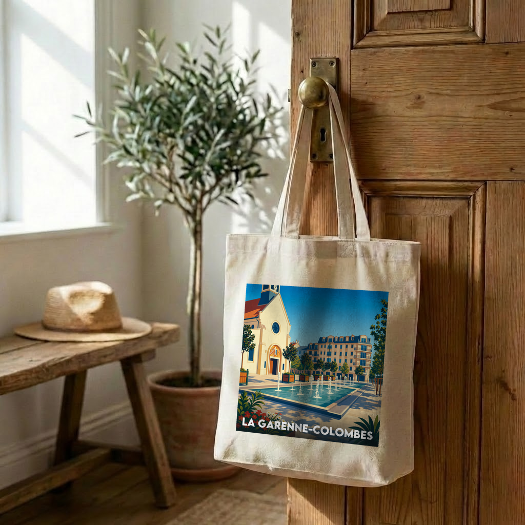 Tote bag souvenir de la ville de La Garenne-Colombes avec une illustration stylisée.