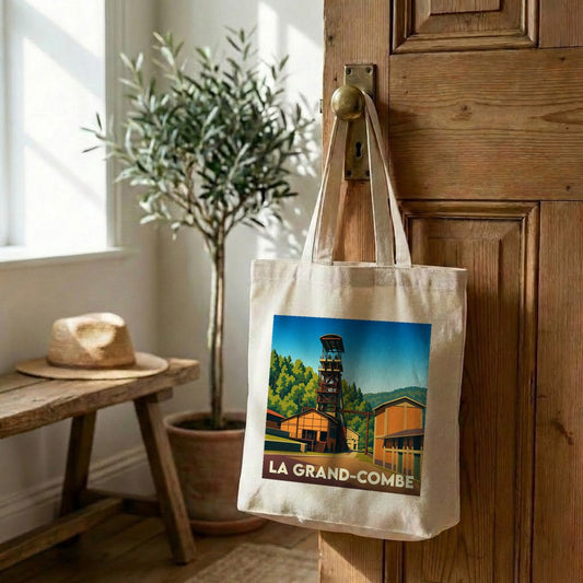 Tote bag souvenir de la ville de La Grand-Combe avec une illustration stylisée d'un puits de mine.