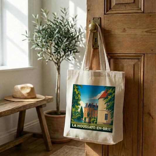 Tote bag souvenir de la ville de La Houssaye-en-Brie avec une illustration stylisée d'un château.