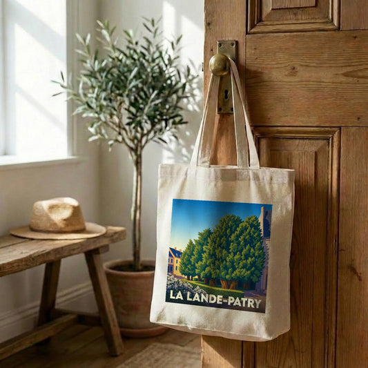 Tote bag souvenir de la ville de La Lande-Patry avec une illustration stylisée de paysages.
