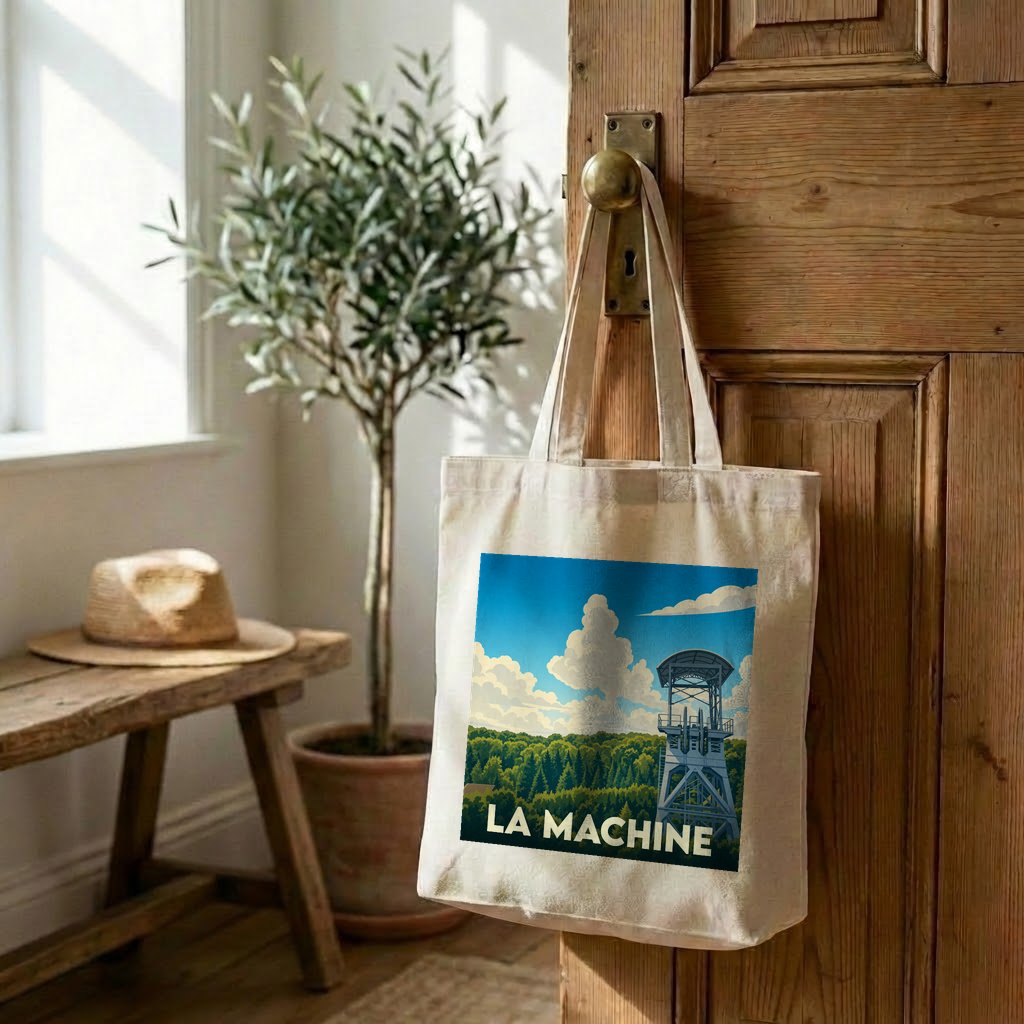 Tote bag souvenir de la ville de La Machine avec une illustration stylisée d'un chevalement de mine.