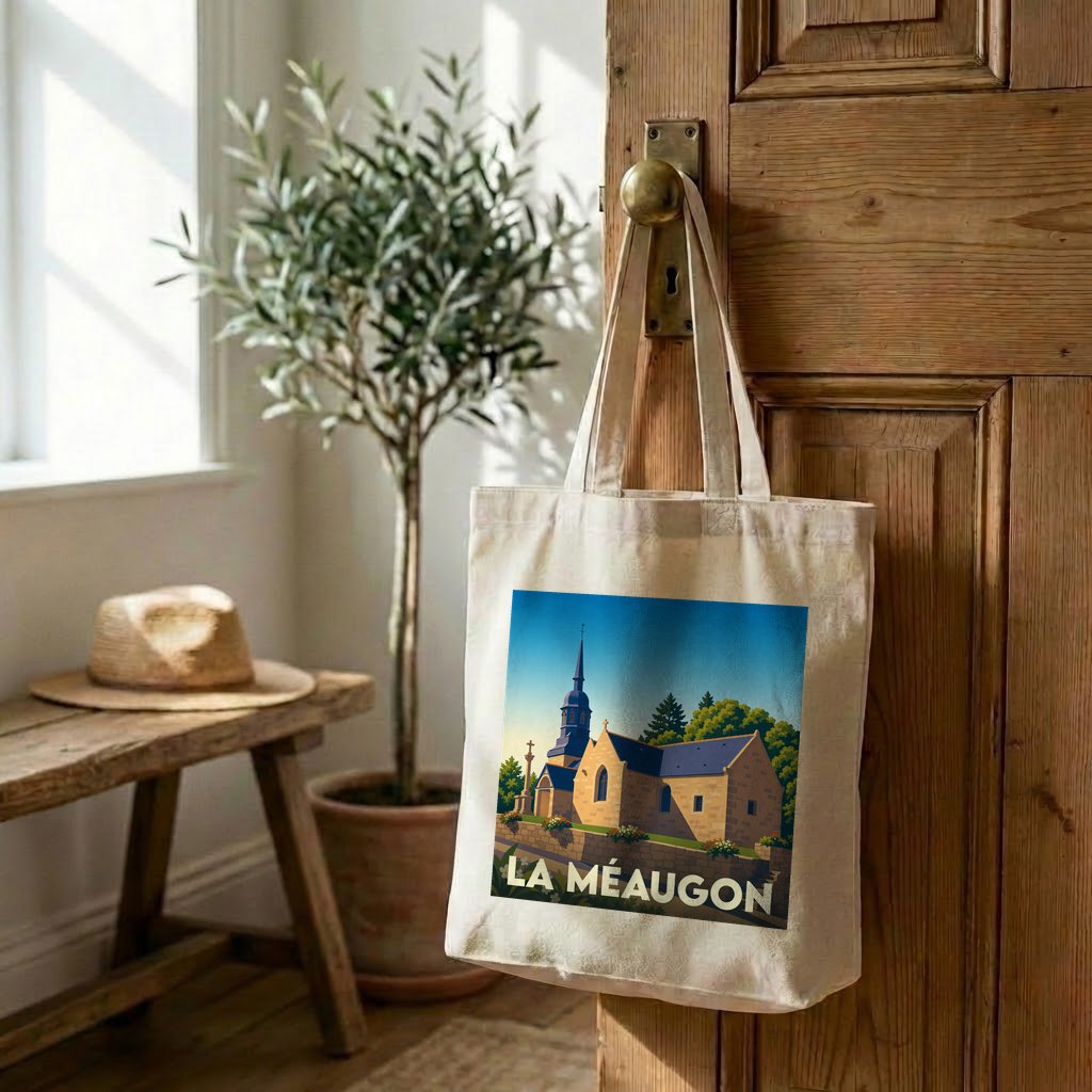 Tote bag souvenir de la ville de La Méaugon avec une illustration stylisée de son église.