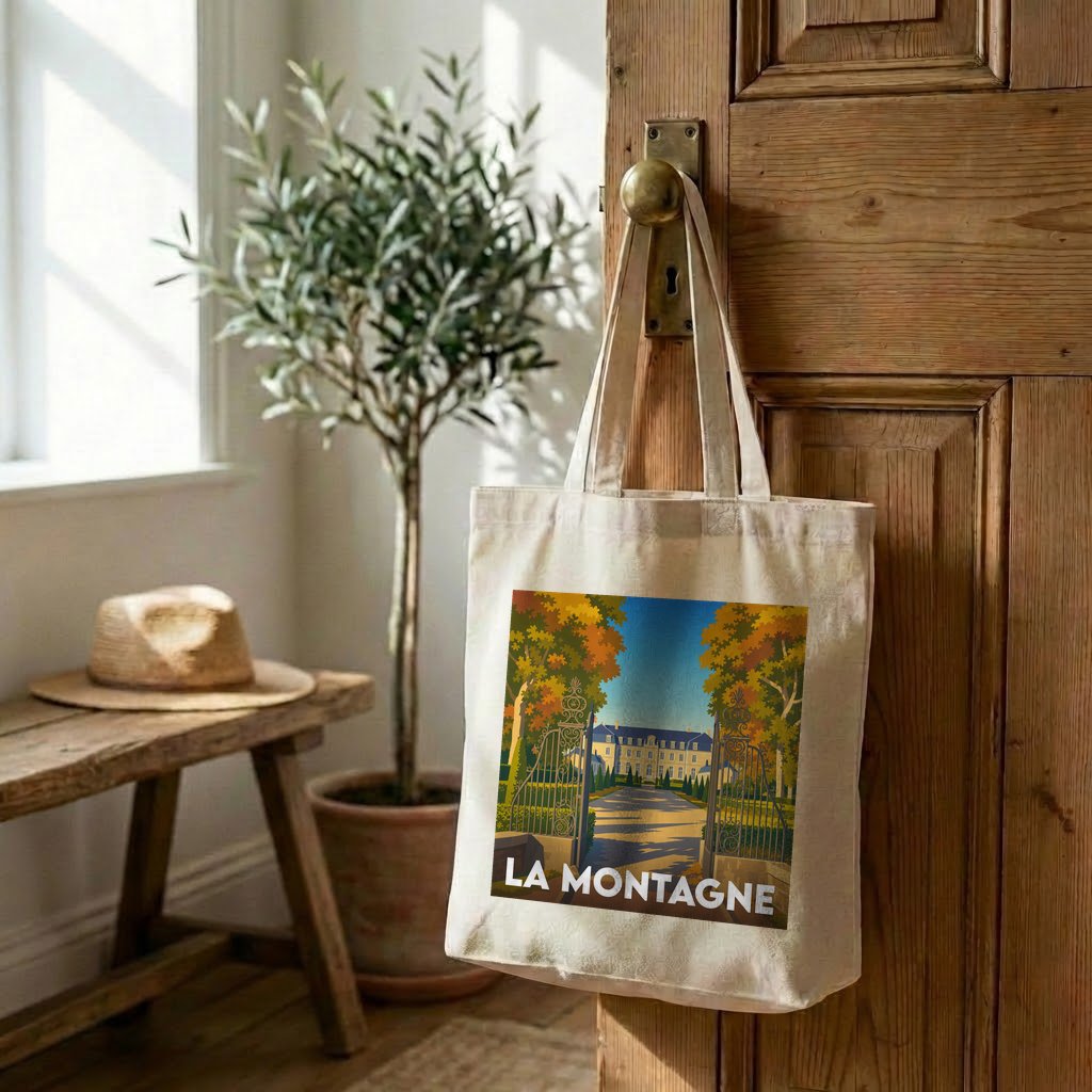 Tote bag souvenir de la ville de La Montagne avec une illustration stylisée d'un domaine arboré.