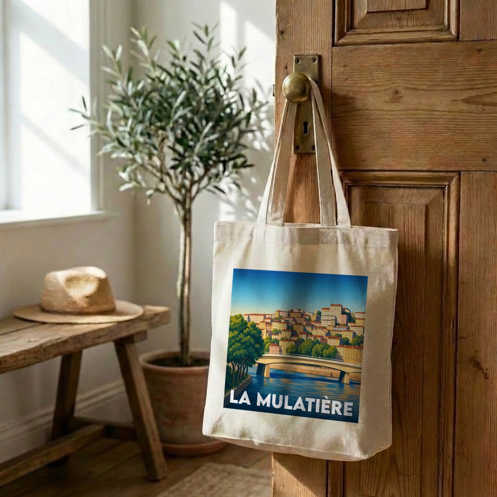 Tote bag souvenir de la ville de La Mulatière avec une illustration stylisée.