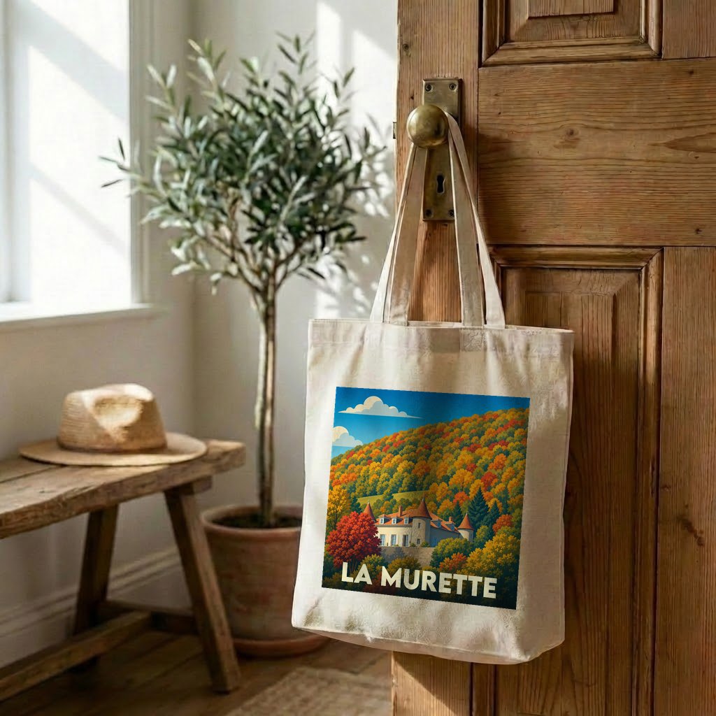Tote bag souvenir de la ville de La Murette avec une illustration de paysage automnal.