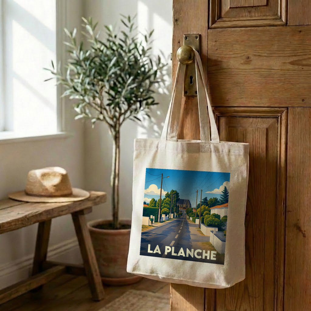 Tote bag souvenir de la ville de La Planche avec une illustration stylisée d'une rue ensoleillée.