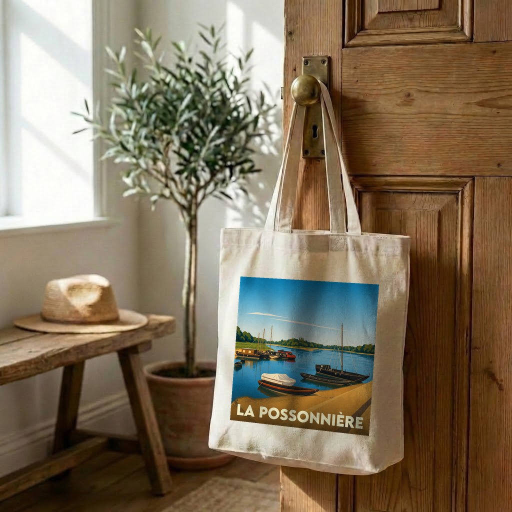 Tote bag souvenir de la ville de La Possonnière avec une illustration stylisée d'un port fluvial.