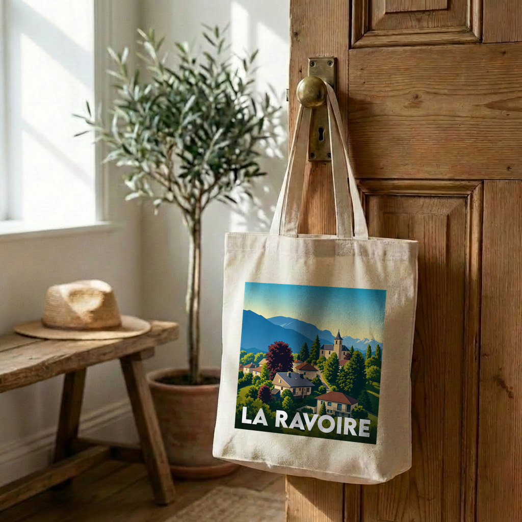 Tote bag souvenir de la ville de La Ravoire avec une illustration stylisée de paysages montagneux.