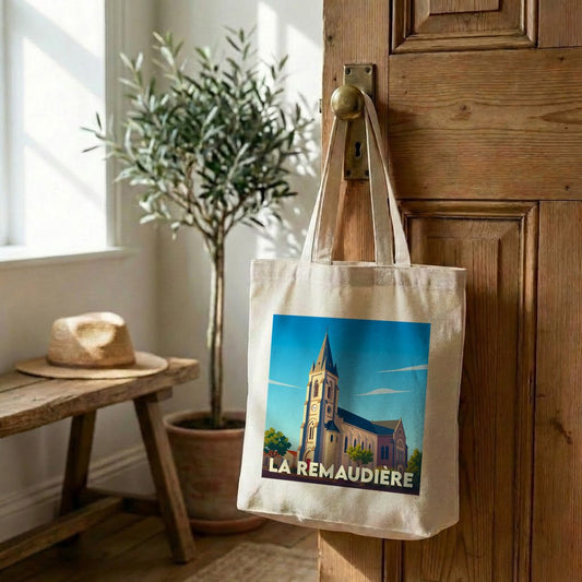 Tote bag souvenir de la ville de La Remaudière avec une illustration stylisée de son église.