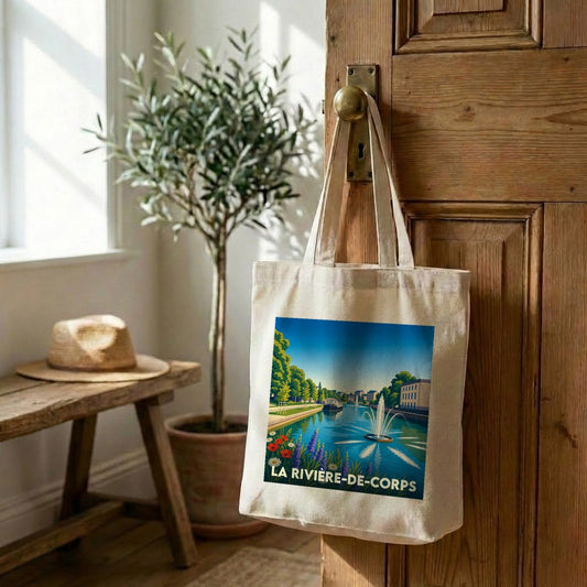 Tote bag souvenir de la ville de La Rivière-de-Corps avec une illustration colorée et stylisée.