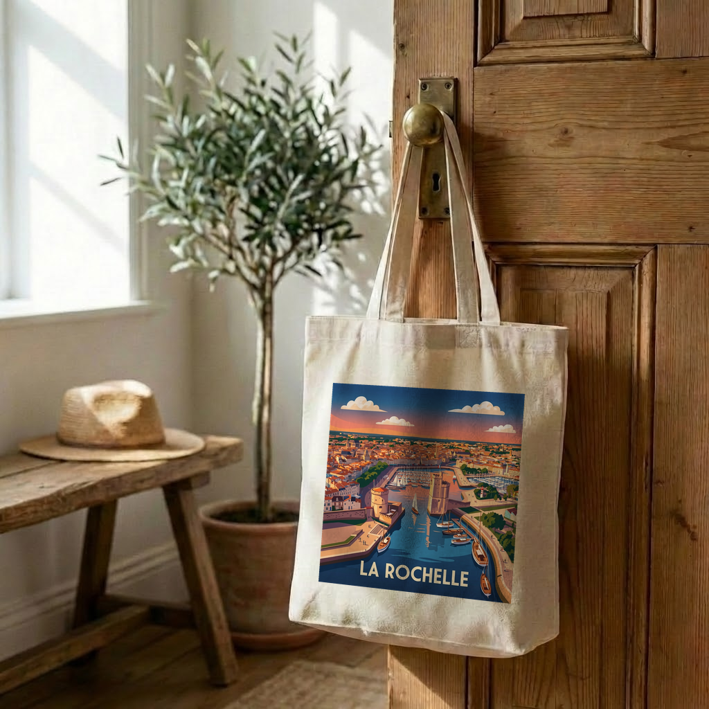 Tote bag souvenir de la ville de La Rochelle avec une illustration stylisée de son port.