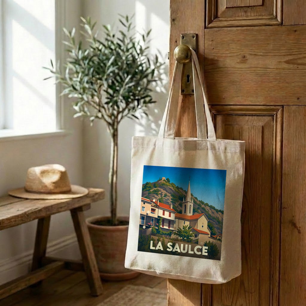 Sac cabas en toile souvenir de la ville de La Saulce avec une illustration stylisée.