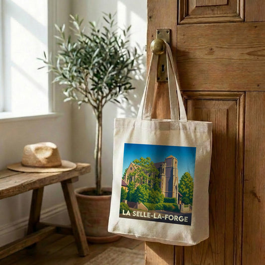 Tote bag souvenir de la ville de La Selle-la-Forge avec une illustration stylisée d'une église.