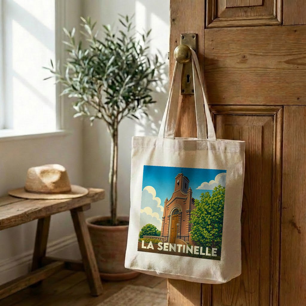Tote bag souvenir de la ville de La Sentinelle avec une illustration stylisée.