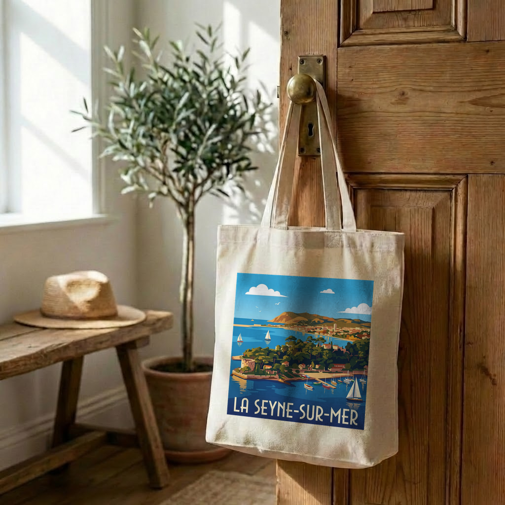 Tote bag souvenir de la ville de La Seyne-sur-Mer avec une illustration stylisée de son littoral.