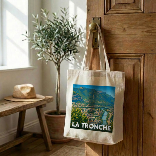 Tote bag souvenir de la ville de La Tronche avec une illustration de paysage colorée.