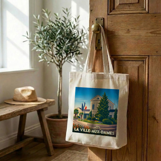Tote bag souvenir de La Ville-aux-Dames avec une illustration stylisée de la mairie.
