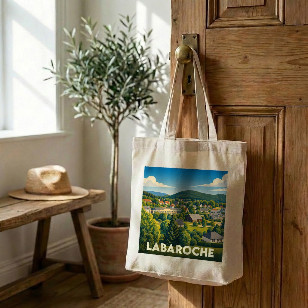 Tote bag souvenir de la ville de Labaroche avec une illustration stylisée d'un paysage vallonné.
