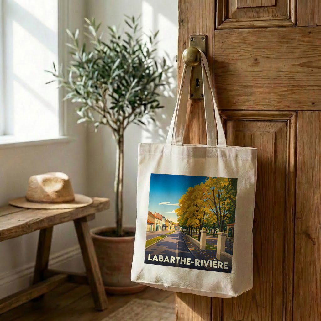 Tote bag souvenir de la ville de Labarthe-Rivière avec une illustration stylisée.