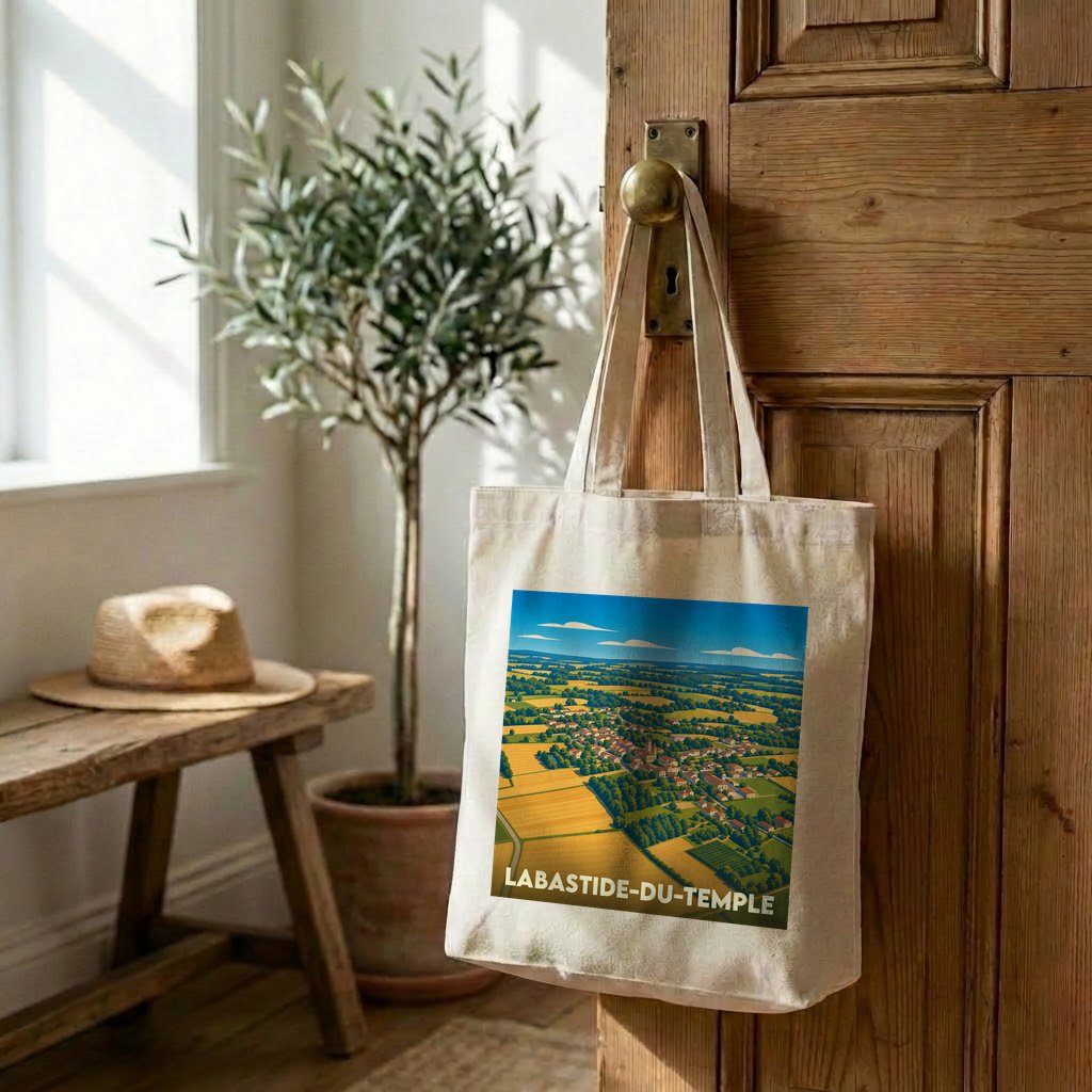 Tote bag souvenir de la ville de Labastide-du-Temple avec une illustration de paysage aérien.