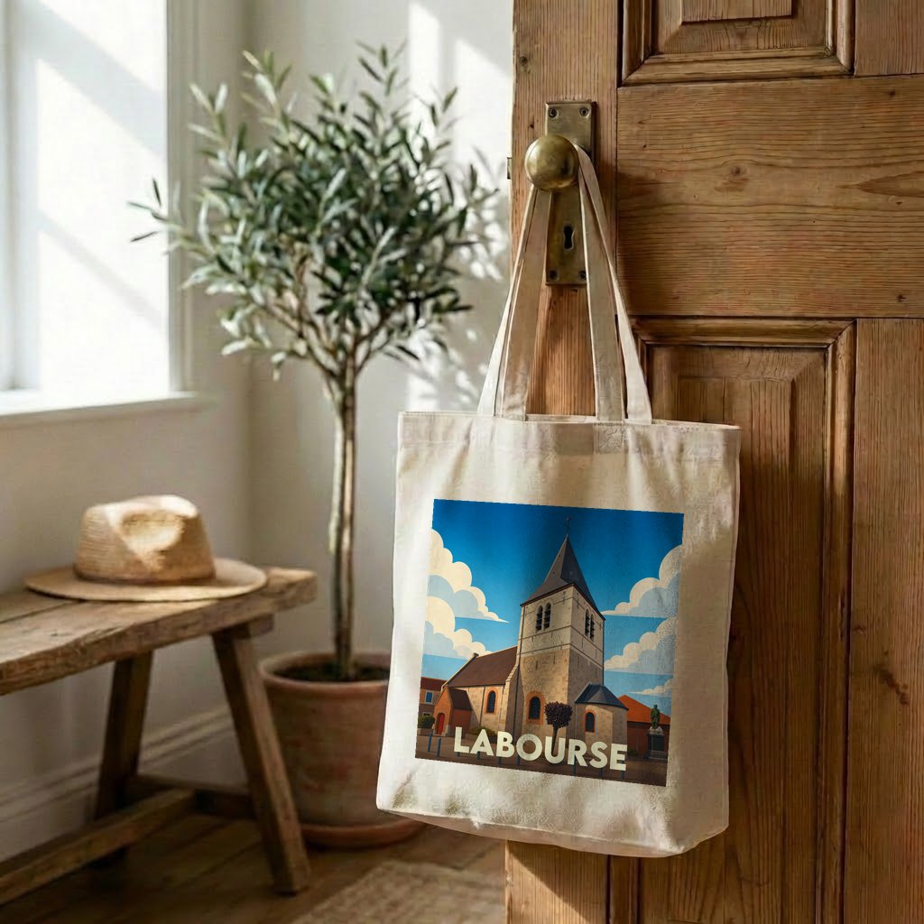 Tote bag souvenir de la ville de Labourse avec une illustration stylisée de son église.