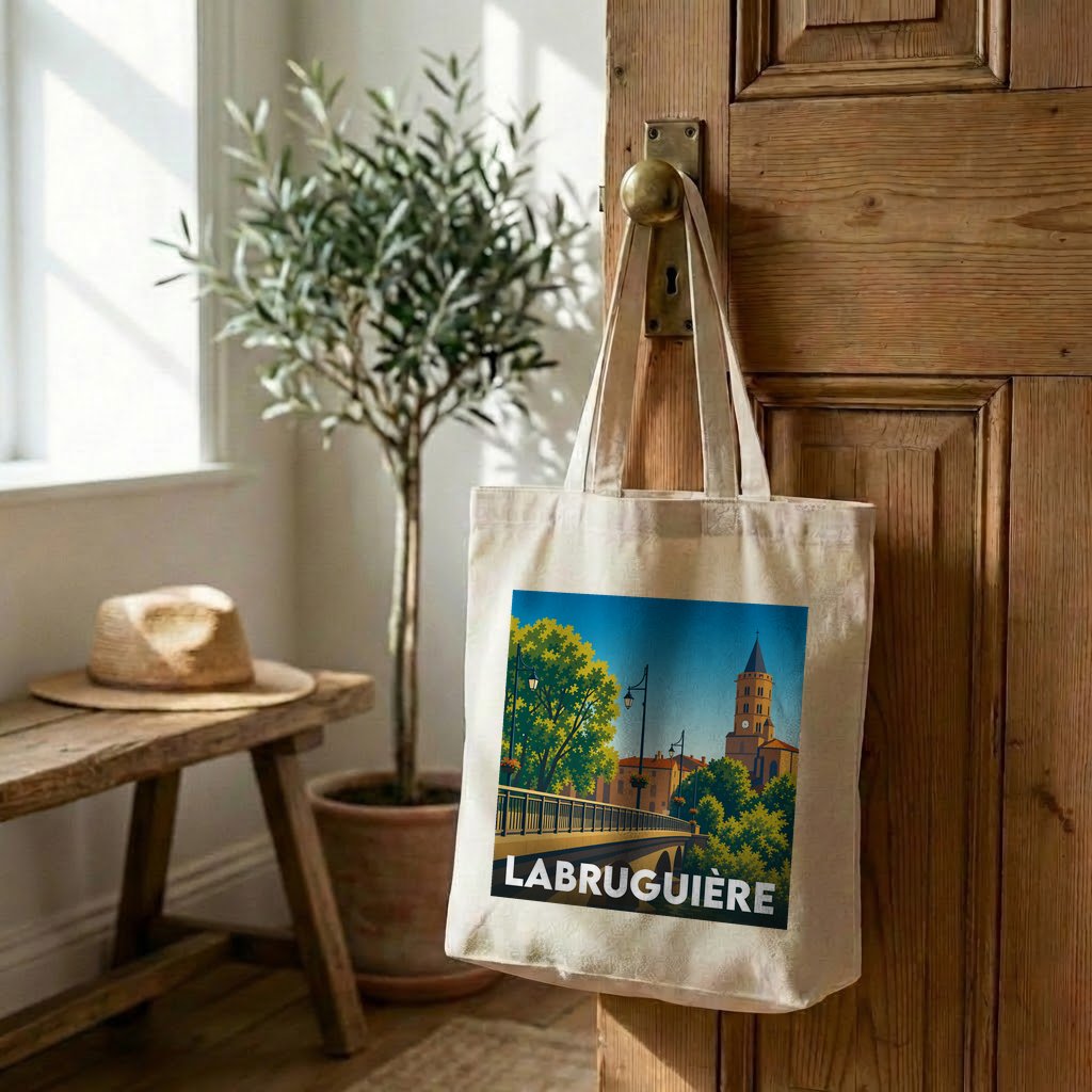Tote bag souvenir de la ville de Labruguière avec une illustration stylisée.