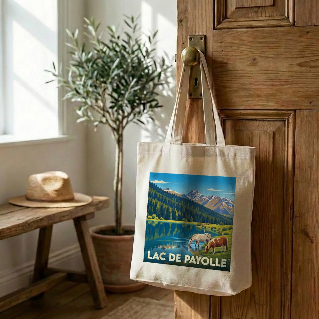Tote bag souvenir du Lac de Payolle avec une illustration stylisée de montagne et de chevaux.