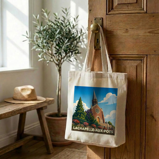 Tote bag souvenir de la ville de Lachapelle-aux-Pots avec une illustration stylisée de son église.