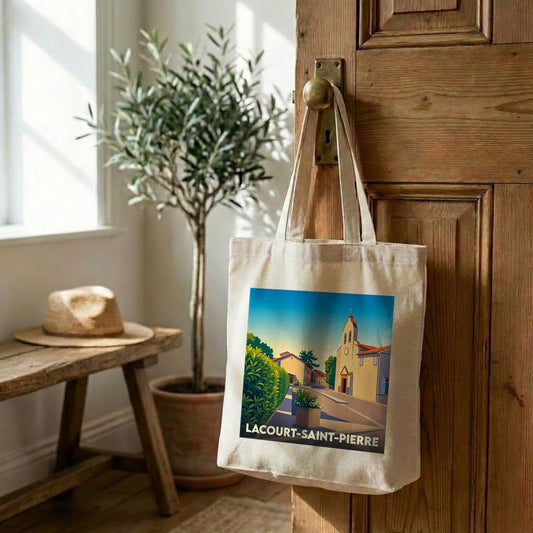Tote bag souvenir de la ville de Lacourt-Saint-Pierre avec une illustration stylisée.